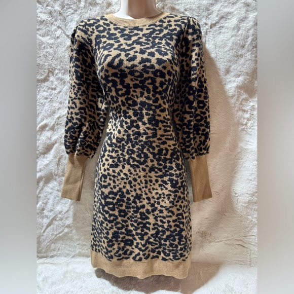 LOFT Knit Sweater Dress medium Leopard Print crew Neck Y2K Fall Autumn NWOT - Picture 3 of 13